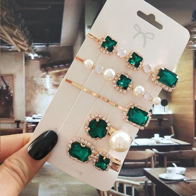 Women Hair Clips Set Jewelry Fashion Green Crystal Hair Accessories Luxury Simulation Pearl Barrette Pin For Girl Gift Ornaments Fashion Hairgrips Accessories For Party