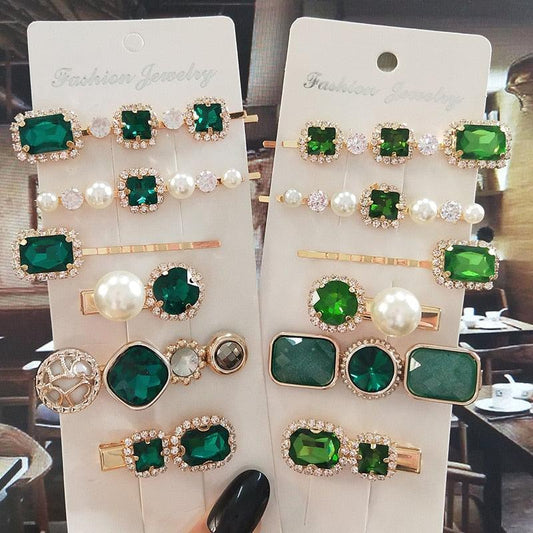 Women Hair Clips Set Jewelry Fashion Green Crystal Hair Accessories Luxury Simulation Pearl Barrette Pin For Girl Gift Ornaments Fashion Hairgrips Accessories For Party