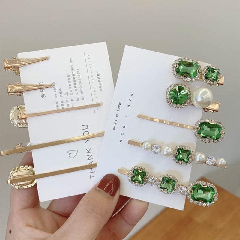 Women Hair Clips Set Jewelry Fashion Green Crystal Hair Accessories Luxury Simulation Pearl Barrette Pin For Girl Gift Ornaments Fashion Hairgrips Accessories For Party