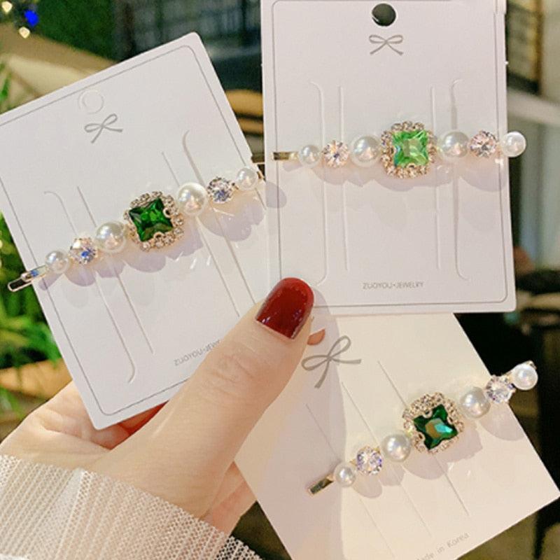 Women Hair Clips Set Jewelry Fashion Green Crystal Hair Accessories Luxury Simulation Pearl Barrette Pin For Girl Gift Ornaments Fashion Hairgrips Accessories For Party