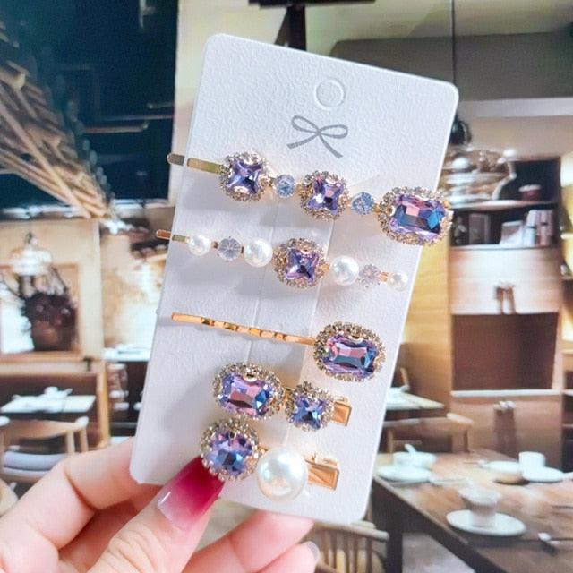 Women Hair Clips Set Jewelry Fashion Green Crystal Hair Accessories Luxury Simulation Pearl Barrette Pin For Girl Gift Ornaments Fashion Hairgrips Accessories For Party