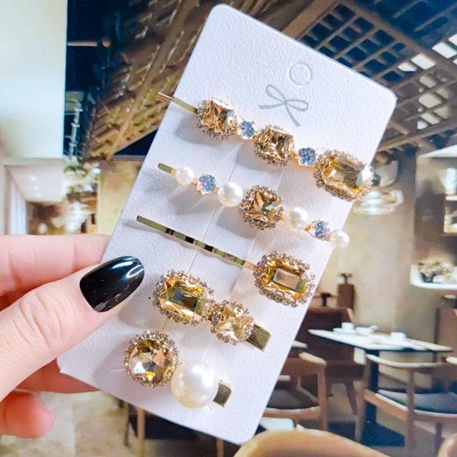 Women Hair Clips Set Jewelry Fashion Green Crystal Hair Accessories Luxury Simulation Pearl Barrette Pin For Girl Gift Ornaments Fashion Hairgrips Accessories For Party