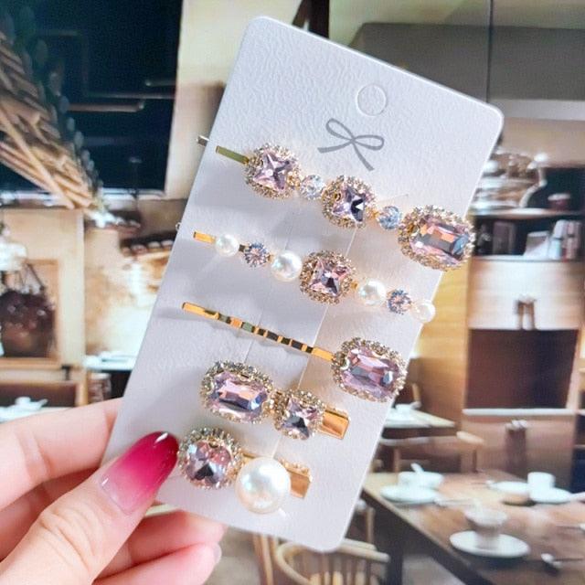 Women Hair Clips Set Jewelry Fashion Green Crystal Hair Accessories Luxury Simulation Pearl Barrette Pin For Girl Gift Ornaments Fashion Hairgrips Accessories For Party