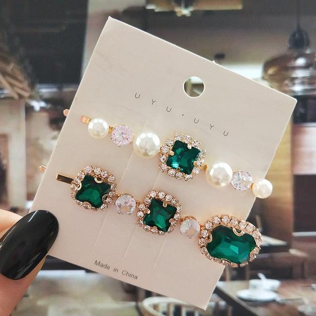 Women Hair Clips Set Jewelry Fashion Green Crystal Hair Accessories Luxury Simulation Pearl Barrette Pin For Girl Gift Ornaments Fashion Hairgrips Accessories For Party