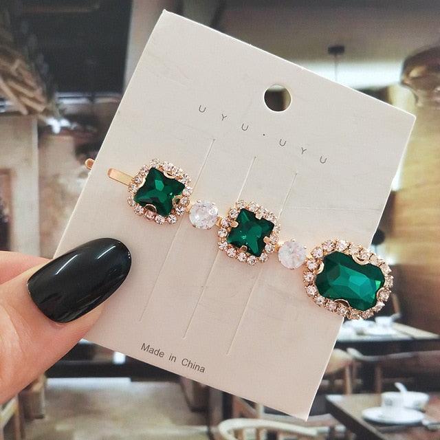 Women Hair Clips Set Jewelry Fashion Green Crystal Hair Accessories Luxury Simulation Pearl Barrette Pin For Girl Gift Ornaments Fashion Hairgrips Accessories For Party