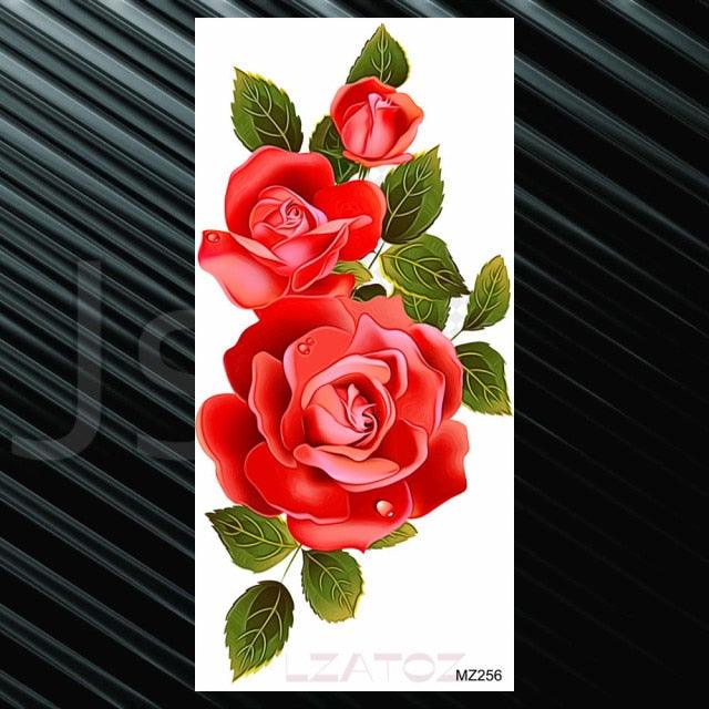 Women's Fashion Flower Temporary Tattoos Sticker Fake Rose Waterproof Large Realistic Black Colorful Flowers Tattoos