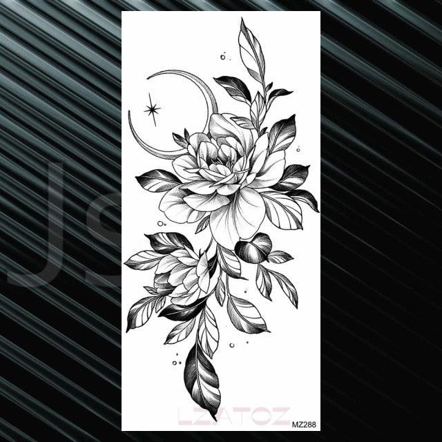 Women's Fashion Flower Temporary Tattoos Sticker Fake Rose Waterproof Large Realistic Black Colorful Flowers Tattoos