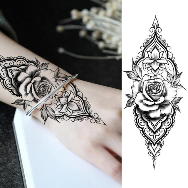 Women's Fashion Flower Temporary Tattoos Sticker Fake Rose Waterproof Large Realistic Black Colorful Flowers Tattoos