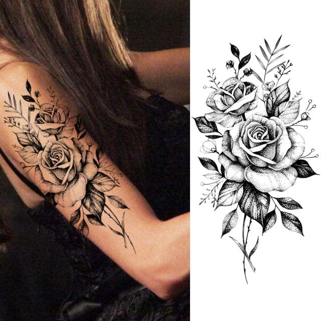 Women's Fashion Flower Temporary Tattoos Sticker Fake Rose Waterproof Large Realistic Black Colorful Flowers Tattoos