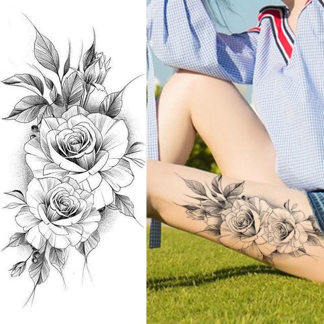 Women's Fashion Flower Temporary Tattoos Sticker Fake Rose Waterproof Large Realistic Black Colorful Flowers Tattoos
