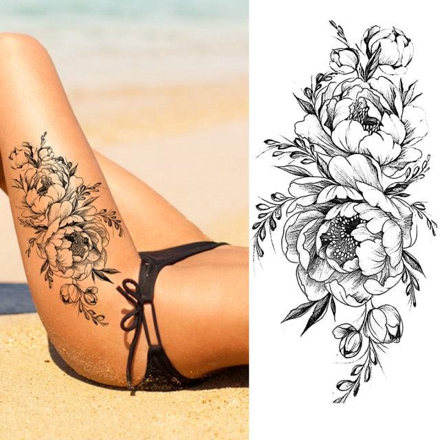 Women's Fashion Flower Temporary Tattoos Sticker Fake Rose Waterproof Large Realistic Black Colorful Flowers Tattoos