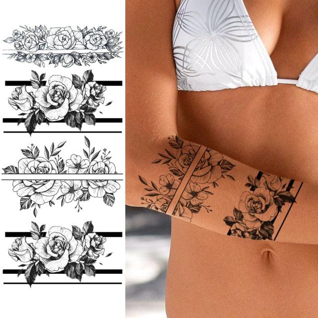 Women's Fashion Flower Temporary Tattoos Sticker Fake Rose Waterproof Large Realistic Black Colorful Flowers Tattoos