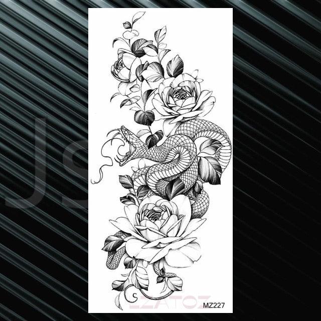 Women's Fashion Flower Temporary Tattoos Sticker Fake Rose Waterproof Large Realistic Black Colorful Flowers Tattoos
