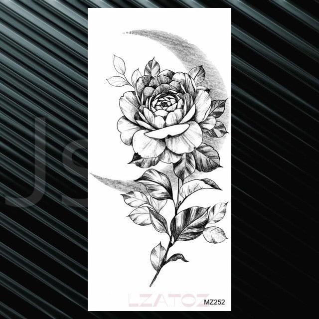 Women's Fashion Flower Temporary Tattoos Sticker Fake Rose Waterproof Large Realistic Black Colorful Flowers Tattoos