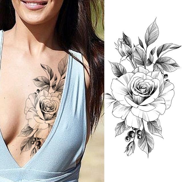 Women's Fashion Flower Temporary Tattoos Sticker Fake Rose Waterproof Large Realistic Black Colorful Flowers Tattoos