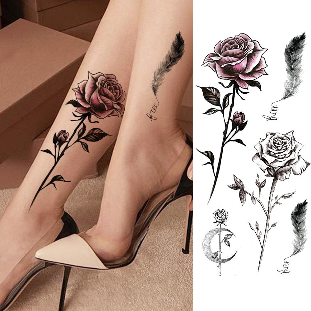 Women's Fashion Flower Temporary Tattoos Sticker Fake Rose Waterproof Large Realistic Black Colorful Flowers Tattoos