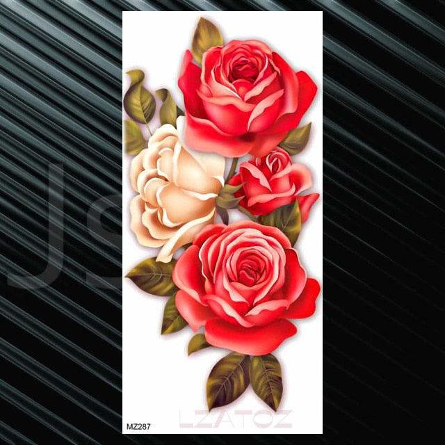 Women's Fashion Flower Temporary Tattoos Sticker Fake Rose Waterproof Large Realistic Black Colorful Flowers Tattoos