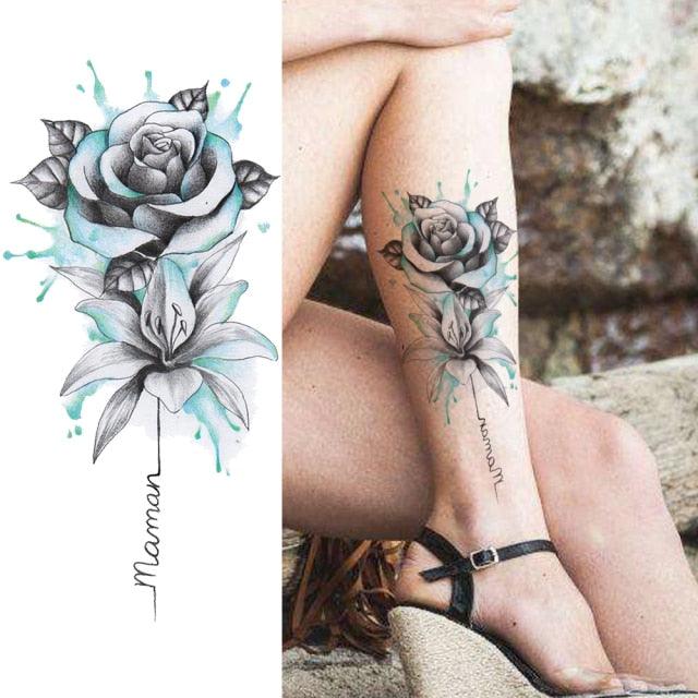 Women's Fashion Flower Temporary Tattoos Sticker Fake Rose Waterproof Large Realistic Black Colorful Flowers Tattoos