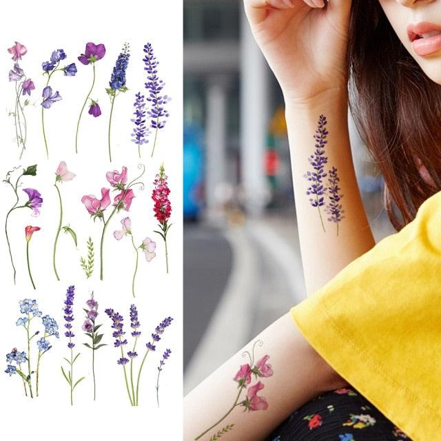 Women's Fashion Flower Temporary Tattoos Sticker Fake Rose Waterproof Large Realistic Black Colorful Flowers Tattoos