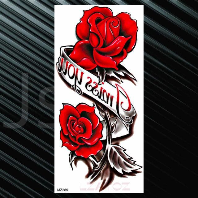 Women's Fashion Flower Temporary Tattoos Sticker Fake Rose Waterproof Large Realistic Black Colorful Flowers Tattoos