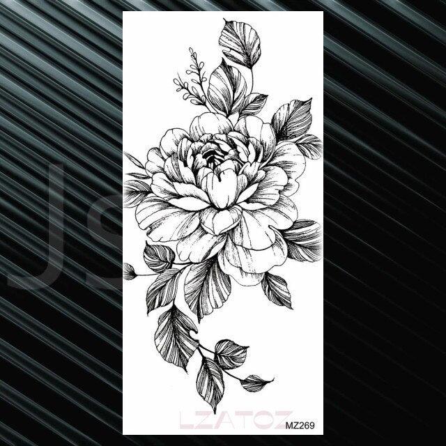 Women's Fashion Flower Temporary Tattoos Sticker Fake Rose Waterproof Large Realistic Black Colorful Flowers Tattoos