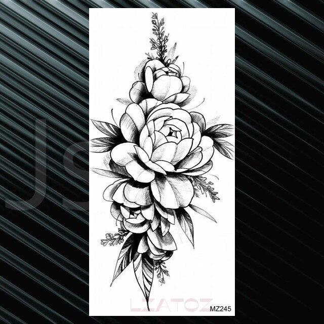 Women's Fashion Flower Temporary Tattoos Sticker Fake Rose Waterproof Large Realistic Black Colorful Flowers Tattoos