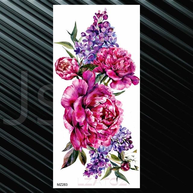 Women's Fashion Flower Temporary Tattoos Sticker Fake Rose Waterproof Large Realistic Black Colorful Flowers Tattoos
