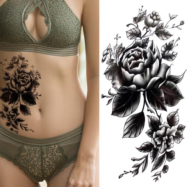 Women's Fashion Flower Temporary Tattoos Sticker Fake Rose Waterproof Large Realistic Black Colorful Flowers Tattoos