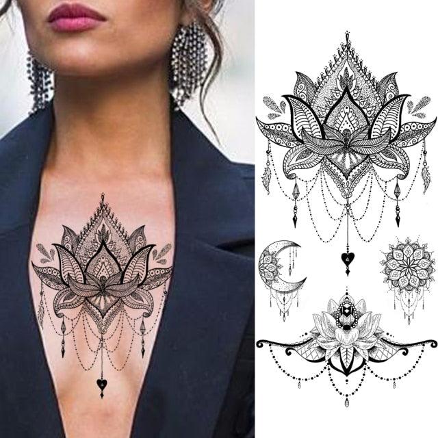 Women's Fashion Flower Temporary Tattoos Sticker Fake Rose Waterproof Large Realistic Black Colorful Flowers Tattoos