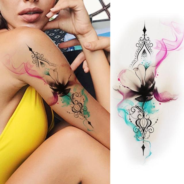 Women's Fashion Flower Temporary Tattoos Sticker Fake Rose Waterproof Large Realistic Black Colorful Flowers Tattoos