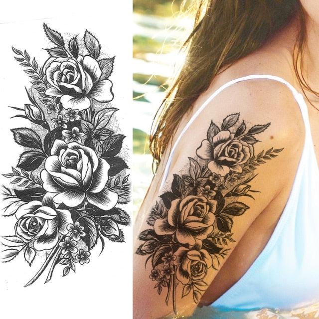 Women's Fashion Flower Temporary Tattoos Sticker Fake Rose Waterproof Large Realistic Black Colorful Flowers Tattoos