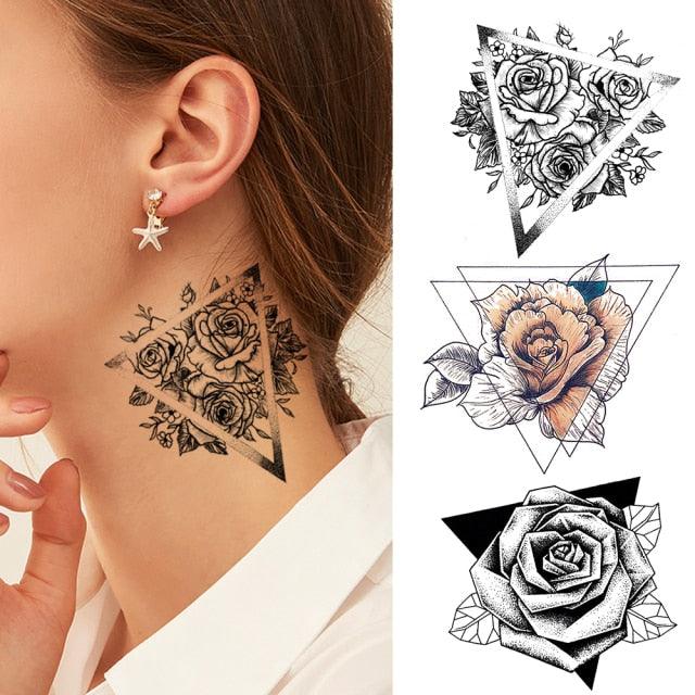 Women's Fashion Flower Temporary Tattoos Sticker Fake Rose Waterproof Large Realistic Black Colorful Flowers Tattoos