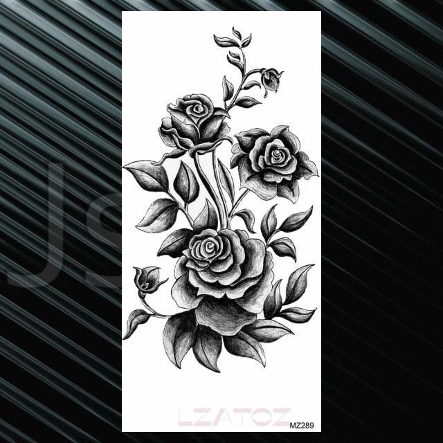 Women's Fashion Flower Temporary Tattoos Sticker Fake Rose Waterproof Large Realistic Black Colorful Flowers Tattoos