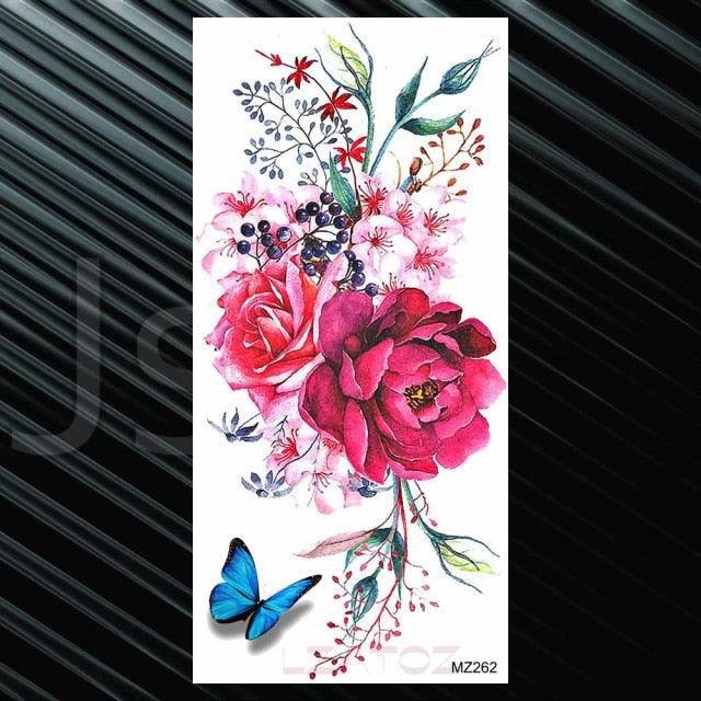 Women's Fashion Flower Temporary Tattoos Sticker Fake Rose Waterproof Large Realistic Black Colorful Flowers Tattoos