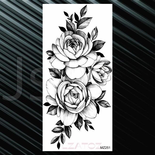 Women's Fashion Flower Temporary Tattoos Sticker Fake Rose Waterproof Large Realistic Black Colorful Flowers Tattoos