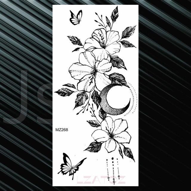 Women's Fashion Flower Temporary Tattoos Sticker Fake Rose Waterproof Large Realistic Black Colorful Flowers Tattoos