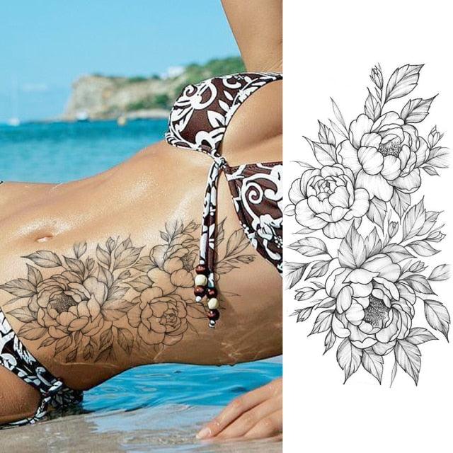 Women's Fashion Flower Temporary Tattoos Sticker Fake Rose Waterproof Large Realistic Black Colorful Flowers Tattoos