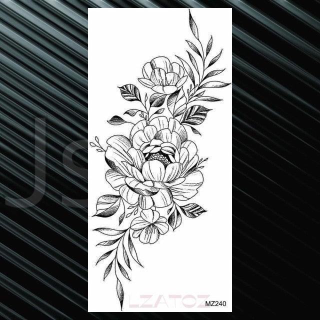 Women's Fashion Flower Temporary Tattoos Sticker Fake Rose Waterproof Large Realistic Black Colorful Flowers Tattoos