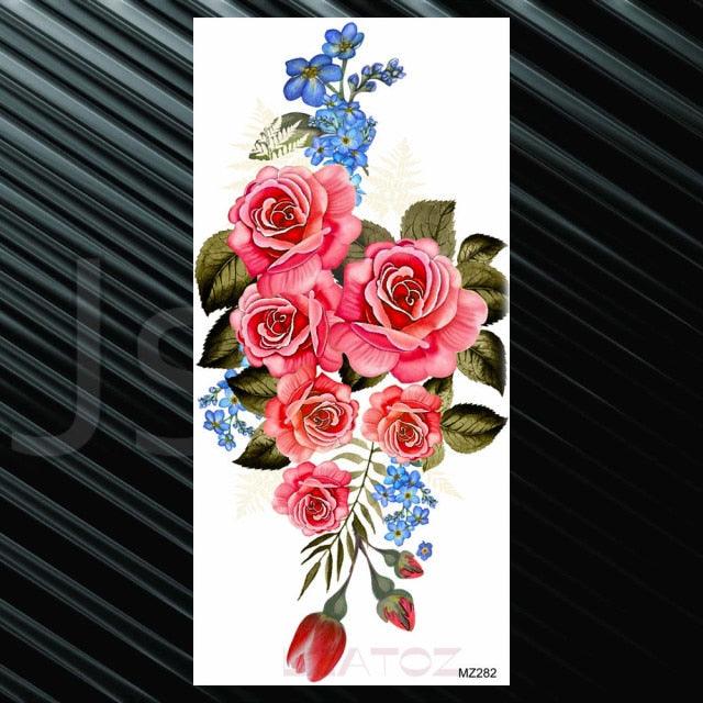 Women's Fashion Flower Temporary Tattoos Sticker Fake Rose Waterproof Large Realistic Black Colorful Flowers Tattoos