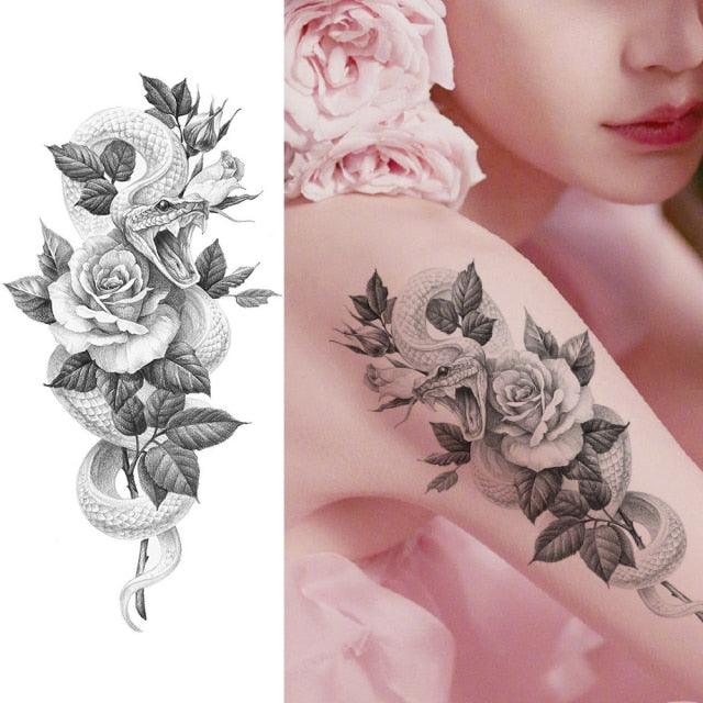 Women's Fashion Flower Temporary Tattoos Sticker Fake Rose Waterproof Large Realistic Black Colorful Flowers Tattoos