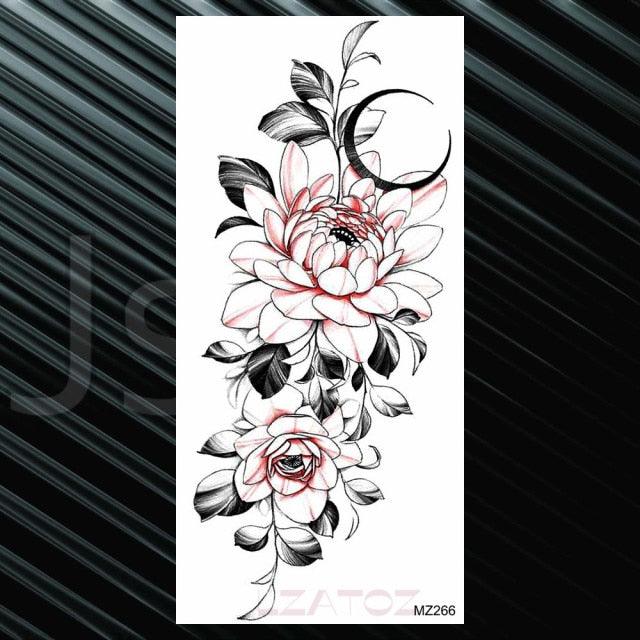 Women's Fashion Flower Temporary Tattoos Sticker Fake Rose Waterproof Large Realistic Black Colorful Flowers Tattoos