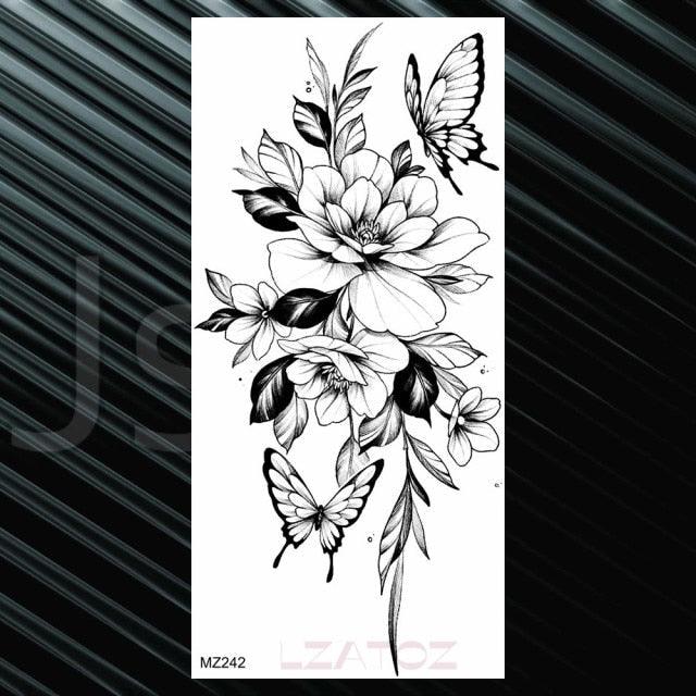 Women's Fashion Flower Temporary Tattoos Sticker Fake Rose Waterproof Large Realistic Black Colorful Flowers Tattoos