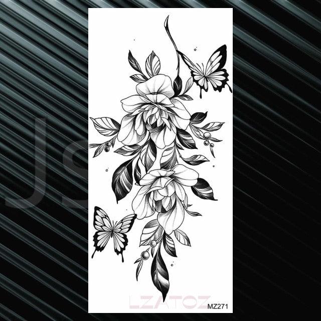Women's Fashion Flower Temporary Tattoos Sticker Fake Rose Waterproof Large Realistic Black Colorful Flowers Tattoos