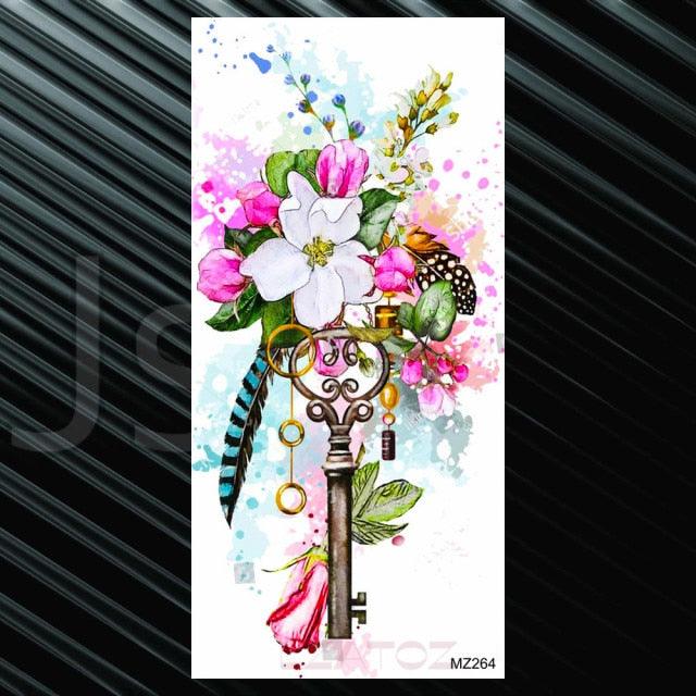 Women's Fashion Flower Temporary Tattoos Sticker Fake Rose Waterproof Large Realistic Black Colorful Flowers Tattoos