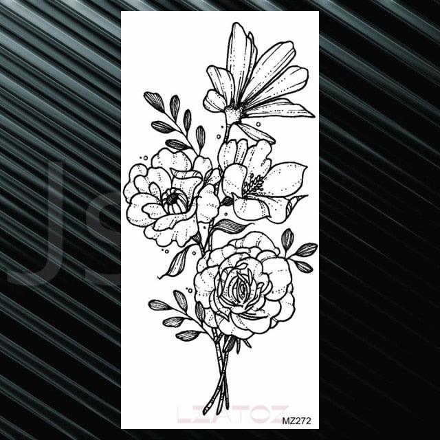 Women's Fashion Flower Temporary Tattoos Sticker Fake Rose Waterproof Large Realistic Black Colorful Flowers Tattoos