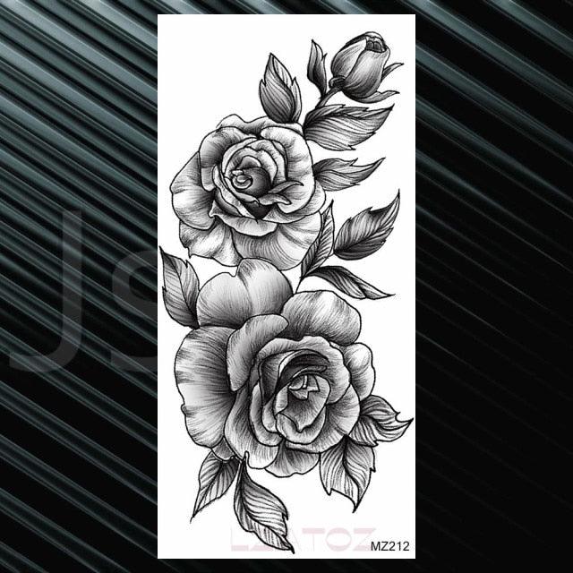 Women's Fashion Flower Temporary Tattoos Sticker Fake Rose Waterproof Large Realistic Black Colorful Flowers Tattoos