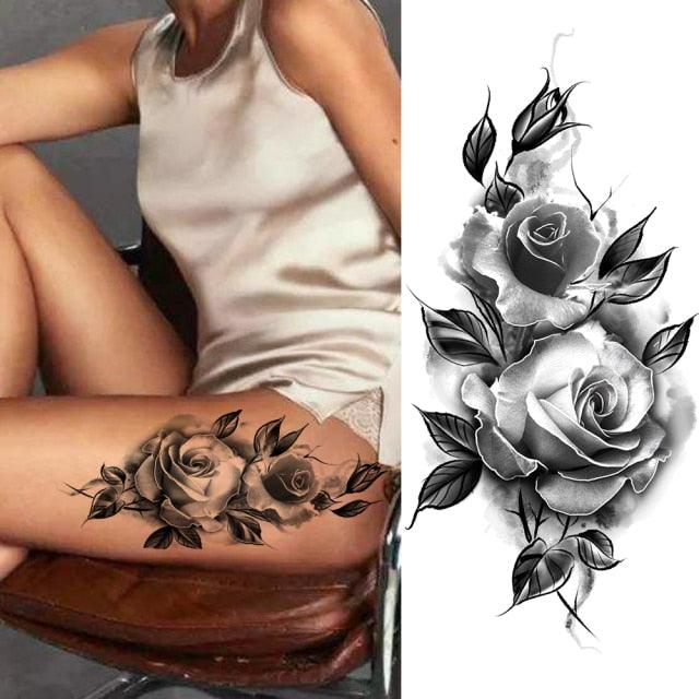 Women's Fashion Flower Temporary Tattoos Sticker Fake Rose Waterproof Large Realistic Black Colorful Flowers Tattoos