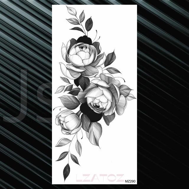 Women's Fashion Flower Temporary Tattoos Sticker Fake Rose Waterproof Large Realistic Black Colorful Flowers Tattoos
