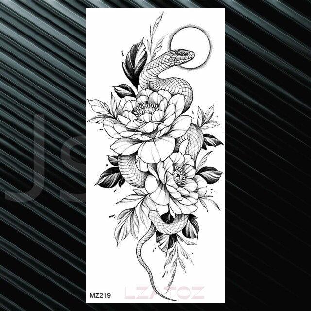 Women's Fashion Flower Temporary Tattoos Sticker Fake Rose Waterproof Large Realistic Black Colorful Flowers Tattoos