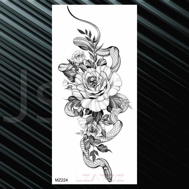 Women's Fashion Flower Temporary Tattoos Sticker Fake Rose Waterproof Large Realistic Black Colorful Flowers Tattoos